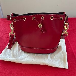 Tory Burch Red Leather Bucket Bag with Gold Accents